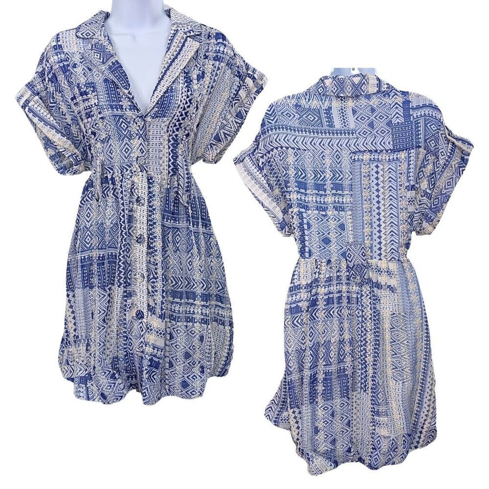 THE SANG Blue Georgette Embroidered Ikat Smocked Shirtdress w/ Weighted Hem Sz S